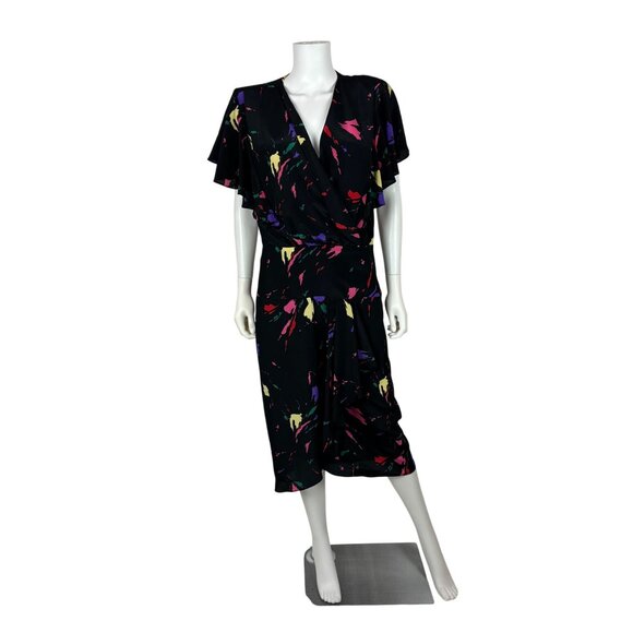 Vintage 80s Artsy Dress Womens Large Paint Splatter Novelty Print Sheer Surplice - Picture 1 of 11